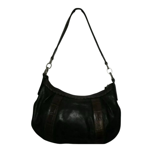 BRIGHTON Large Purse Croc Leather Black Brown Zip Top Bag Tassel Hobo - Picture 6 of 6